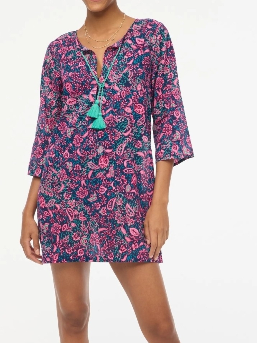 J. Crew Navy Floral Tunic with Pink Print and Teal Tassels